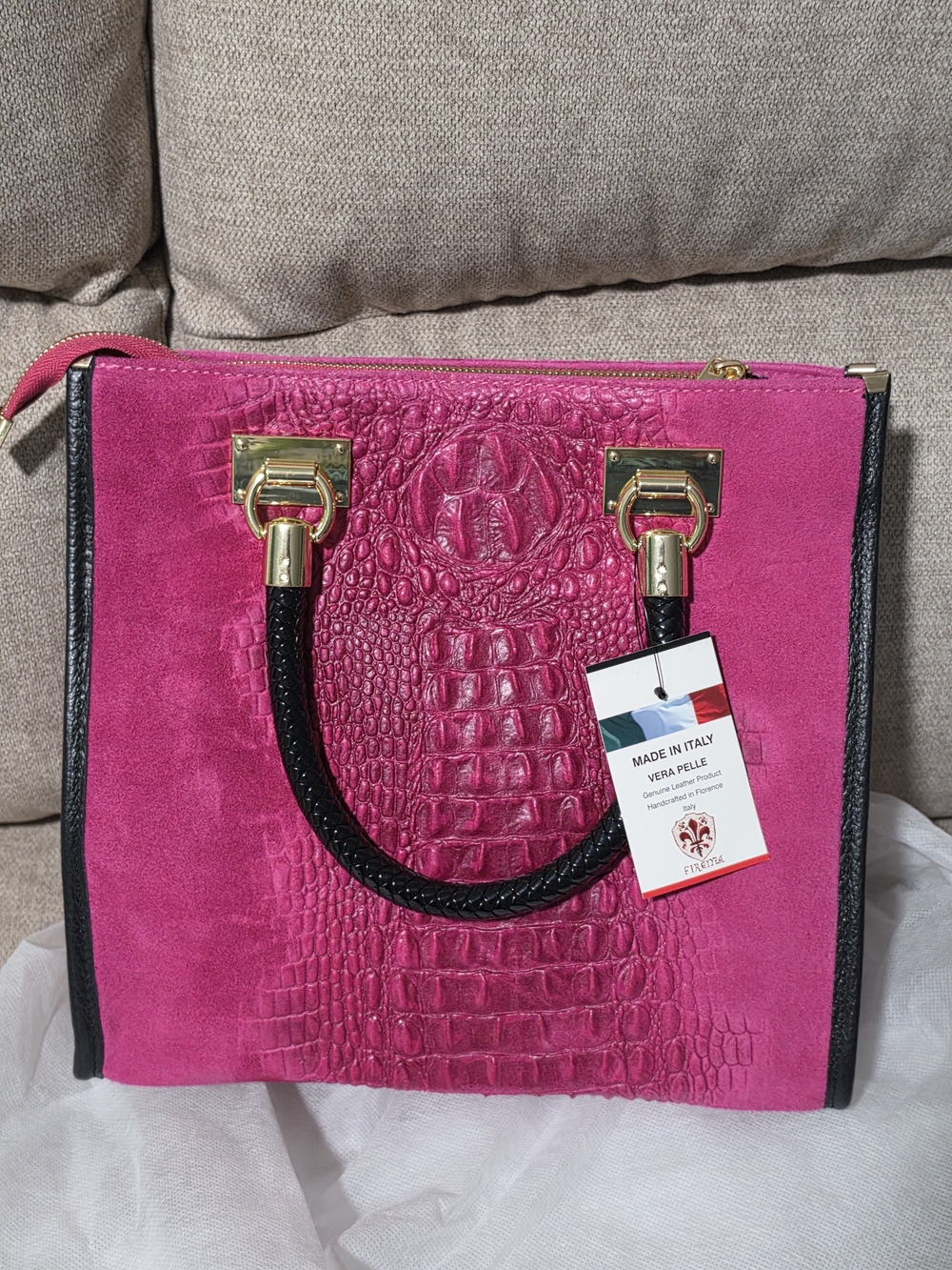 Vera Pelle Hot Pink Suede & Croc-Embossed Satchel with Black Handles